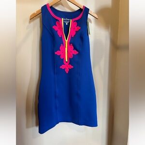 Lilly Pulitzer Mila Scuba Sleeveless Dress - Royal Blue + Neon Pink Accents NWT